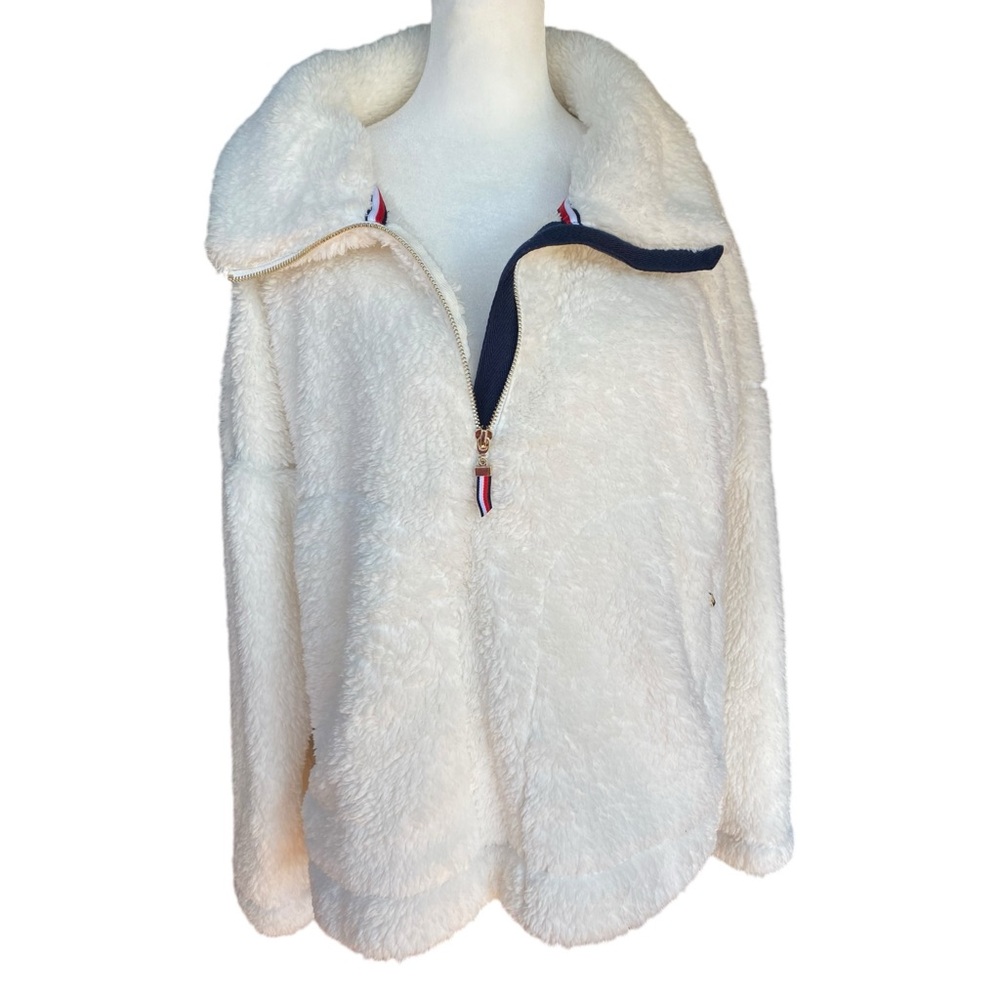 Tommy Hilfiger White Fleece Teddy Pullover Sweatshirt 1/4 Zip Sz L